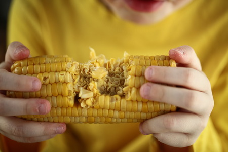 Boy eating sweet cornの写真素材