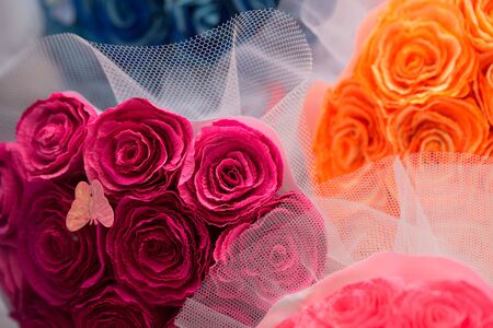 Festive table decoration with flowers at a wedding exhibitionの写真素材