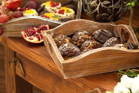 Festive table decoration with flowers at a wedding exhibitionの写真素材