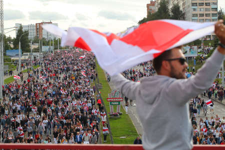 people freedom flags protesters in Minsk. belarus, minsk, 2020のeditorial素材
