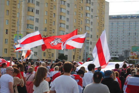 people freedom flags protesters in Minsk. belarus, minsk, 2020