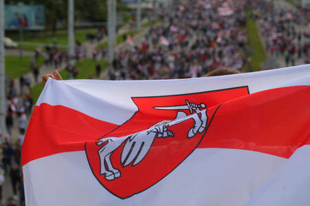 people freedom flags protesters in Minsk. belarus, minsk, 2020のeditorial素材