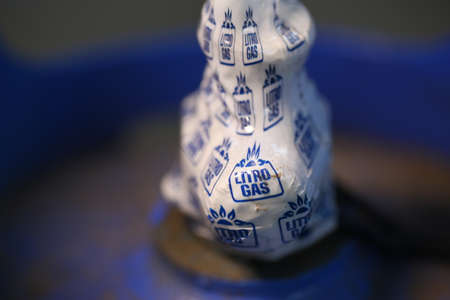 blue colored refillable gas cylinder for cooking. brand liter gas. Sri Lanka, Colombo, 2020のeditorial素材