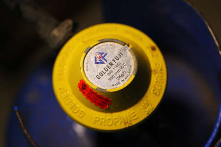 blue colored refillable gas cylinder for cooking. brand liter gas. Sri Lanka, Colombo, 2020