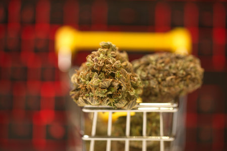 online purchase using a computer from home. cannabis in a supermarket trolley. computer keyboardの写真素材