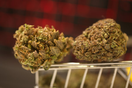 online purchase using a computer from home. cannabis in a supermarket trolley. computer keyboardの写真素材