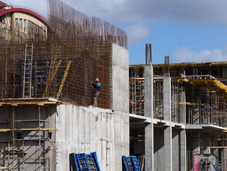 Belarus, Minsk, 2021, construction site modern concrete building. formwork on the walls.のeditorial素材