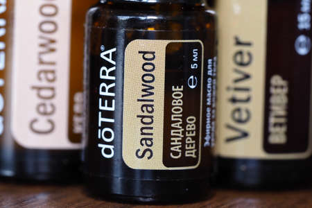 essential natural oil doterra close up bottle. belarus, minsk, 2021