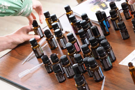 essential natural oil doterra bottles.Belarus, minsk, 2021のeditorial素材
