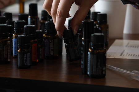 essential natural oil doterra bottles.Belarus, minsk, 2021のeditorial素材