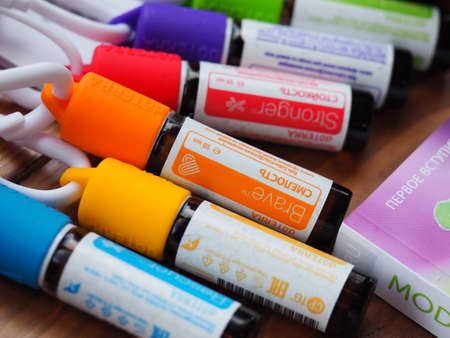 Belarus, Minsk, 2021. therapeutic grade essential oils at a health lectureのeditorial素材