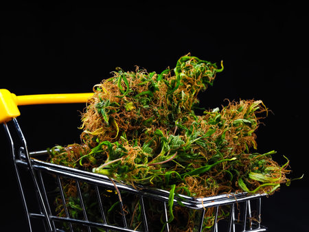 marijuana weed on black background.online purchase of cannabis plant.shopping cart filled. medical cannabis sale investment.の写真素材