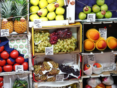 belarus, minsk, 2021.vegetable market showcase fresh fruitのeditorial素材