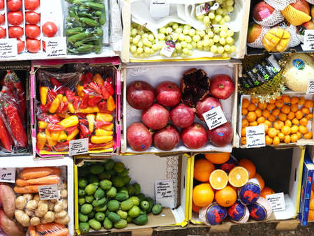 belarus, minsk, 2021.vegetable market showcase fresh fruitのeditorial素材