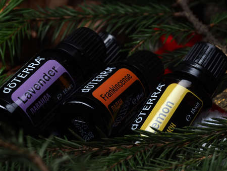 brand doterra essential oils christmas gift. Belarus, Minsk, 2021. Therapeutic grade health lectureのeditorial素材