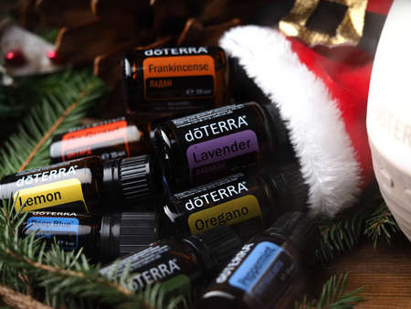 brand doterra essential oils christmas gift. Belarus, Minsk, 2021. Therapeutic grade health lectureのeditorial素材