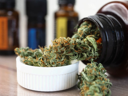 Cannabis buds in a bowl and bottles of cbd oilの写真素材