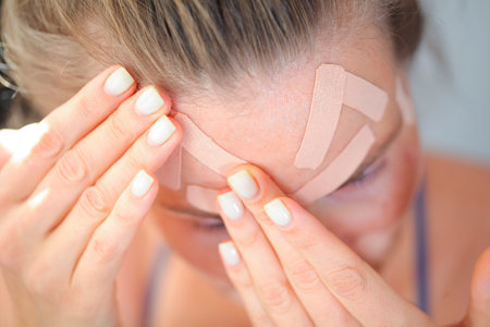 Portrait pretty young woman with kinesio taping on her face in front of a mirror. Home facial skin care, lifting, wrinkle reductionの写真素材