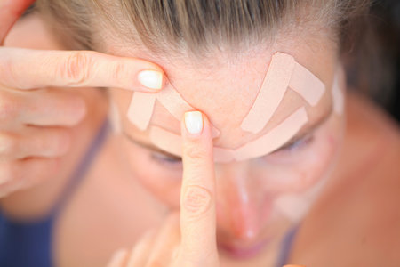 Portrait pretty young woman with kinesio taping on her face in front of a mirror. Home facial skin care, lifting, wrinkle reductionの写真素材