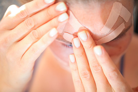 Portrait pretty young woman with kinesio taping on her face in front of a mirror. Home facial skin care, lifting, wrinkle reductionの写真素材