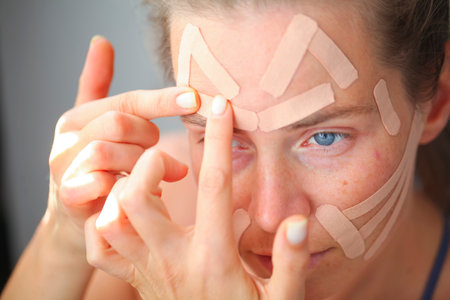 Portrait pretty young woman with kinesio taping on her face in front of a mirror. Home facial skin care, lifting, wrinkle reductionの写真素材
