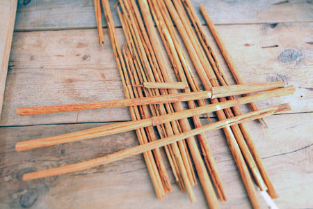 Ceylon cinnamon sticks on a wooden tableの写真素材