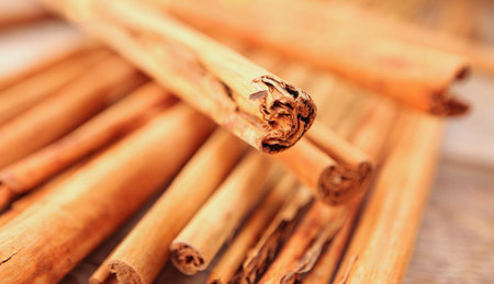 Ceylon cinnamon sticks on a wooden tableの写真素材