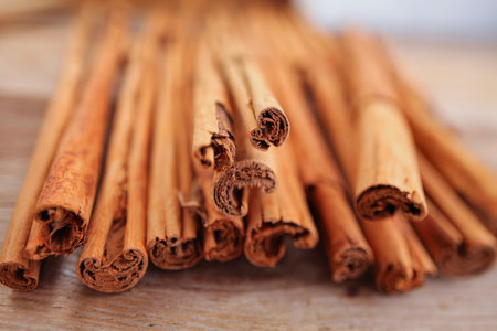 Ceylon cinnamon sticks on a wooden table