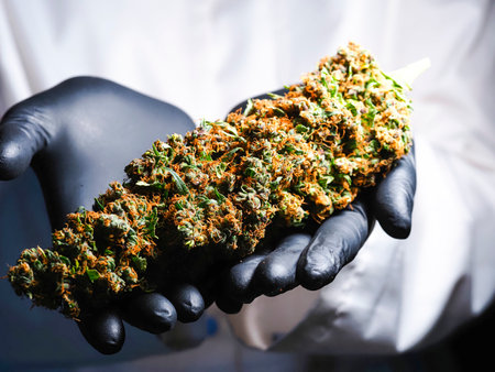 Cannabis buds in the hands of a man in black glovesの写真素材