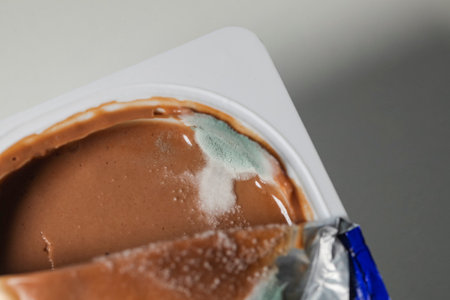 Close up of moldy mold on a cup of yogurtの写真素材