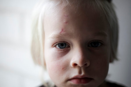Little girl with a wound on the face. Selective focus.