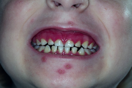Close-up of a child's teeth with a bruise.