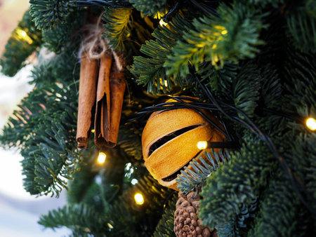 Christmas sales store decoration with fir trees, balls, decorations