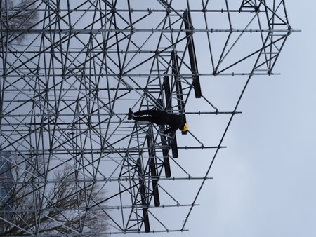 workers are assembling a stage for a concert .Minsk, Belarus - december 5, 2023の写真素材