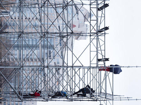 workers are assembling a stage for a concert .Minsk, Belarus - december 5, 2023
