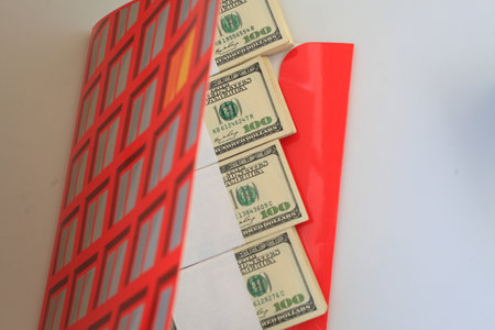 Dollars in a red and white tie on white background.の写真素材