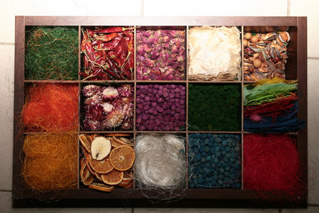 decorative aromatic additives in a wooden boxの写真素材