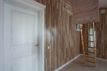 Interior of a hotel room with a wooden door and a ladderの写真素材