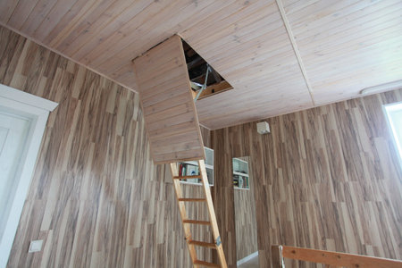 Wooden stairs in a new house, close-up of photoの写真素材