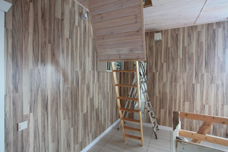 interior of a modern house, stairs and wooden wall, nobodyの写真素材