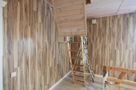 Interior of a modern house, staircase and wooden wall. Nobody insideの写真素材
