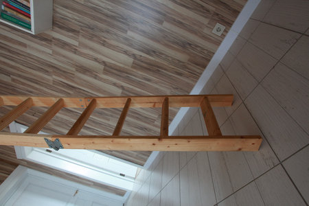 Wooden stairs in a new house, close-up of photoの写真素材