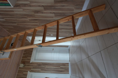 Wooden stairs in the house, close-up of photo.の写真素材