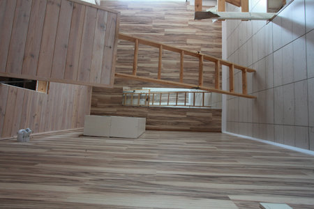 Interior of a modern house, wooden stairs and parquet.の写真素材