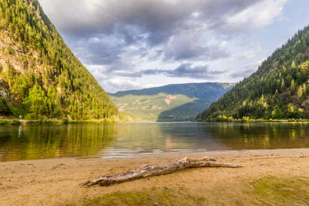 Beautiful Three Valley Lake in the mountains near Revelstoke British Columbia Canadaの写真素材