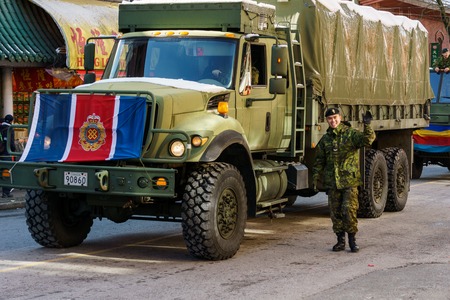 VANCOUVER, CANADA - February 18, 2018: Canadian soldiers in Vancouver Chinatown, during Chinese New...
