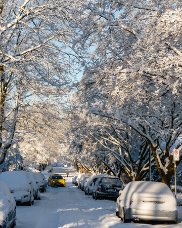 VANCOUVER, CANADA - February 24, 2018: Winter morning after a night of snow blizzard cars in snow and yellow taxiのeditorial素材