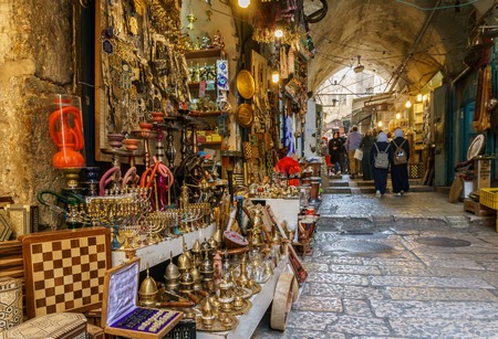 JERUSALEM, ISRAEL - April 2, 2018: east market in old Jerusalem with variety of middle east products and souvenirsのeditorial素材