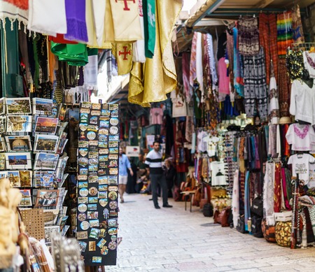 JERUSALEM, ISRAEL - April 2, 2018: east market in old Jerusalem with variety of middle east products and souvenirsのeditorial素材