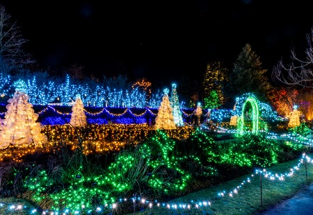 VANCOUVER, CANADA - December 30, 2018: luxury decorated VanDusen Botanical Garden with garland lights at winter seasonal holidaysのeditorial素材